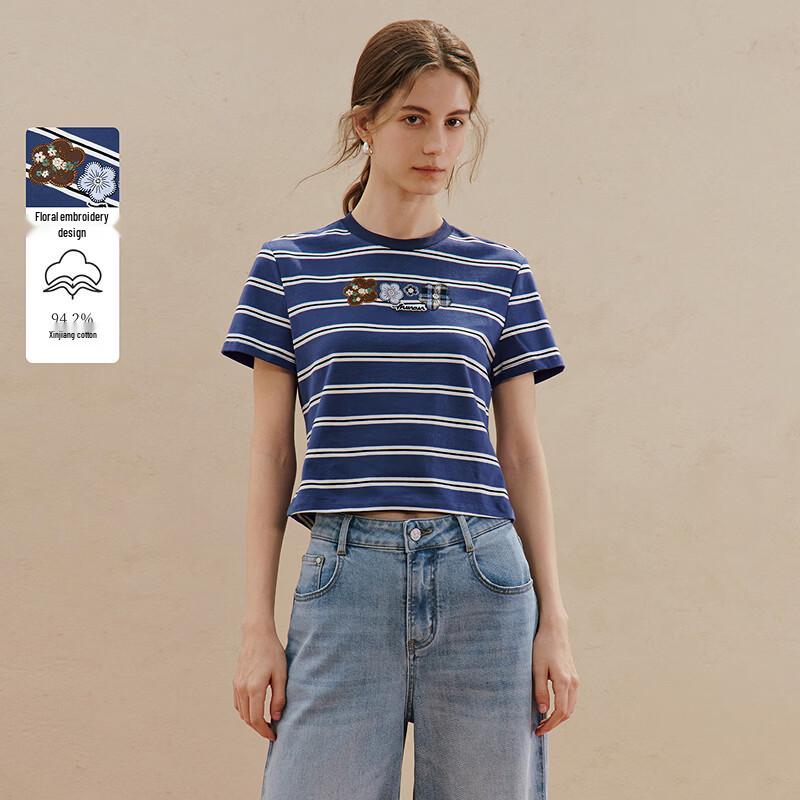 INMAN Contrast Stripe Floral Embroidered T-shirt S