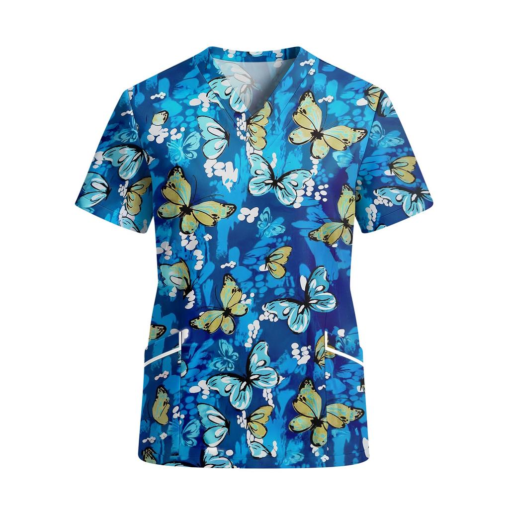 Women V Neck Short Sleeve Printed Scrub Top with Pockets for Work Uniforms Nursing Healthcare