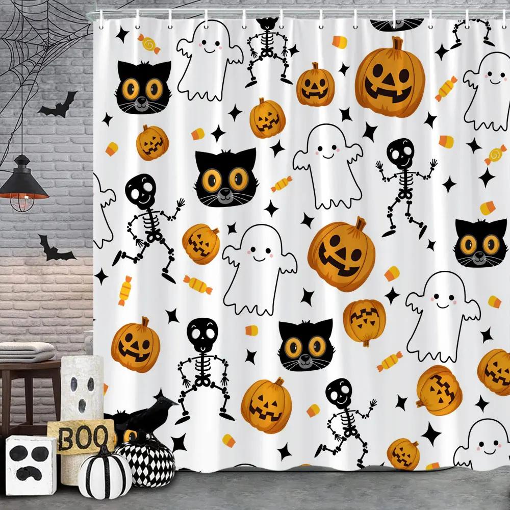 Halloween Shower Curtain Skulls Bats Blood Handprints Horror Ambience Holiday Gift Polyester Fabric Bath Curtains Bathroom Decor