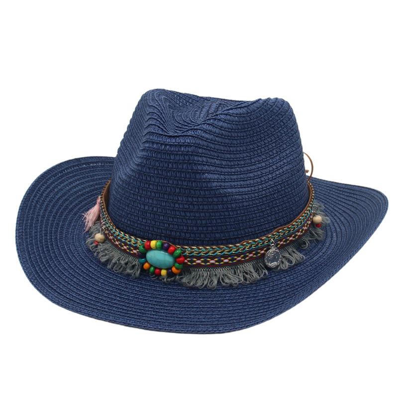 American Hot-Selling Straw Hat Turquoise Tibetan Tibetan Fringed Western Cowboy Ethnic Style Hat Warped Edge Performance Top Hat