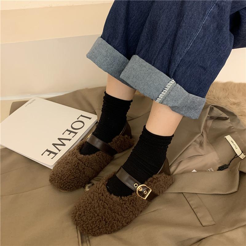 Fashion Lambswool Moccasins Femme Metal Buckle Belt Plush Flats Warm Cotton Loafers Curly Sheep Fur Mary Janes Winter Shoes Women 2025