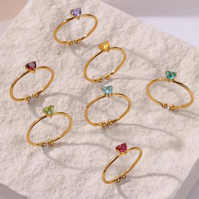 18K Gold Plated 12-Color Birthstone Zircon Heart Ring for Women