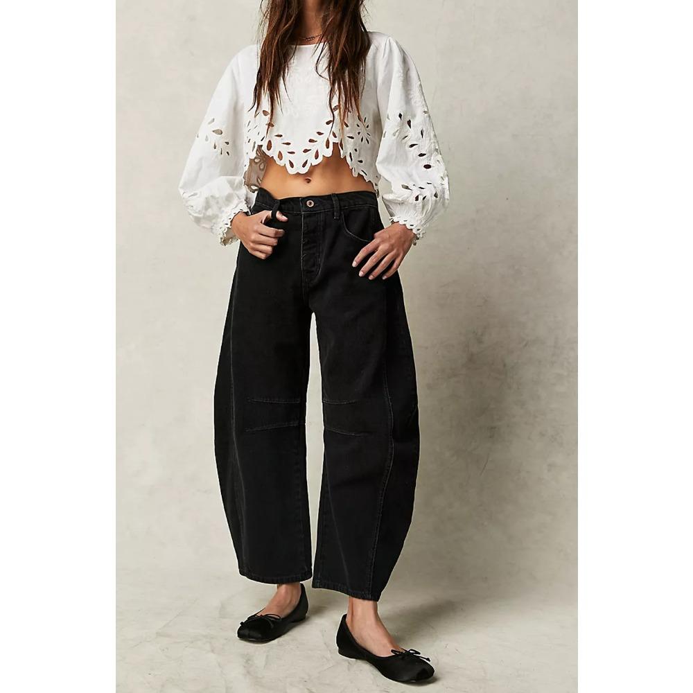 Damen Jeans mit mittlerer Taille, locker, weiter Beinschnitt, Vintage-Waschung, lange Denim-Hose, lässige Streetwear Hosen
