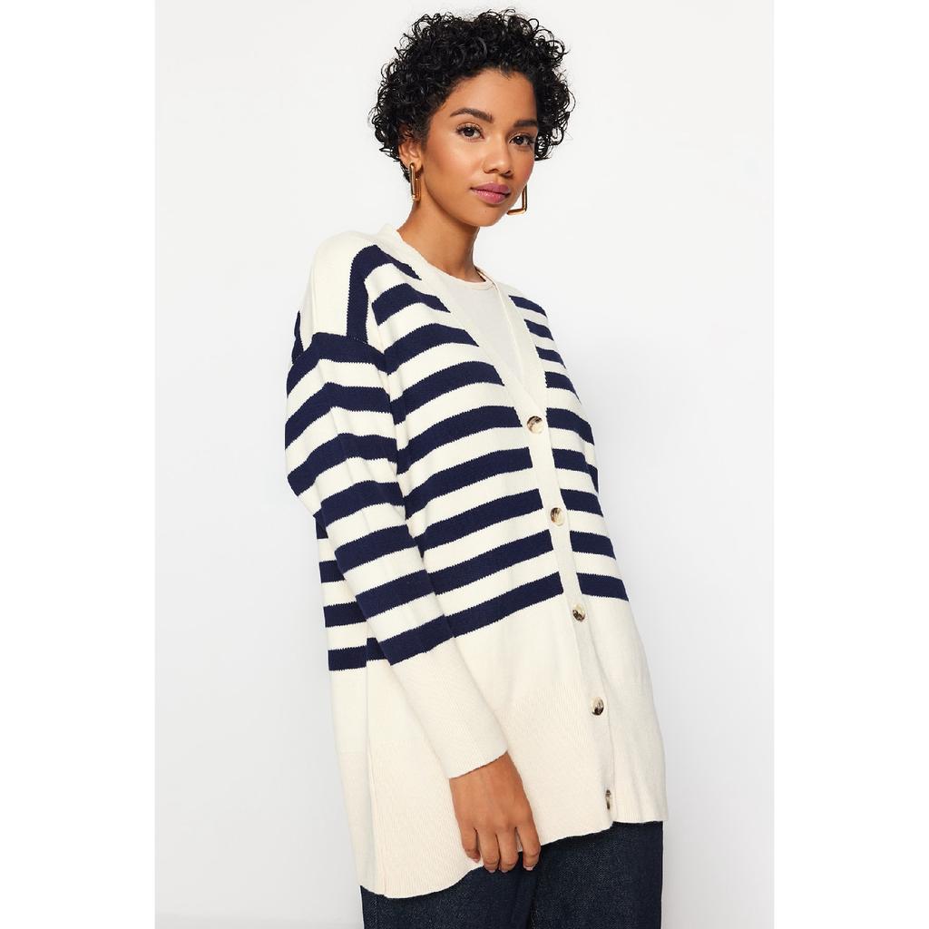 Stein Marineblau V-Ausschnitt Gestreifter Strickwaren-Cardigan Tctaw24th00034