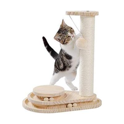 PAWZ Road Cat Toy, Wooden, Solo Play, Claw Sharpening Pole, Natural Sisal Hemp Rotating Ball for Cats, Educational Pom Pom Toy, Natural Safe