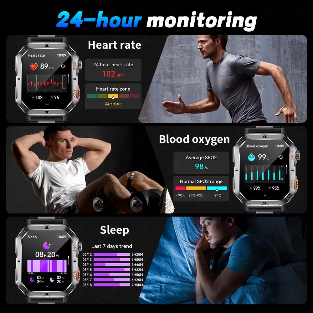 Rugged Military 1000mAh Smart Watch Men Outdoor Flashlight  Watch 2.01" HD Touch Screen Voice Bluetooth Call Smartwatch NEW