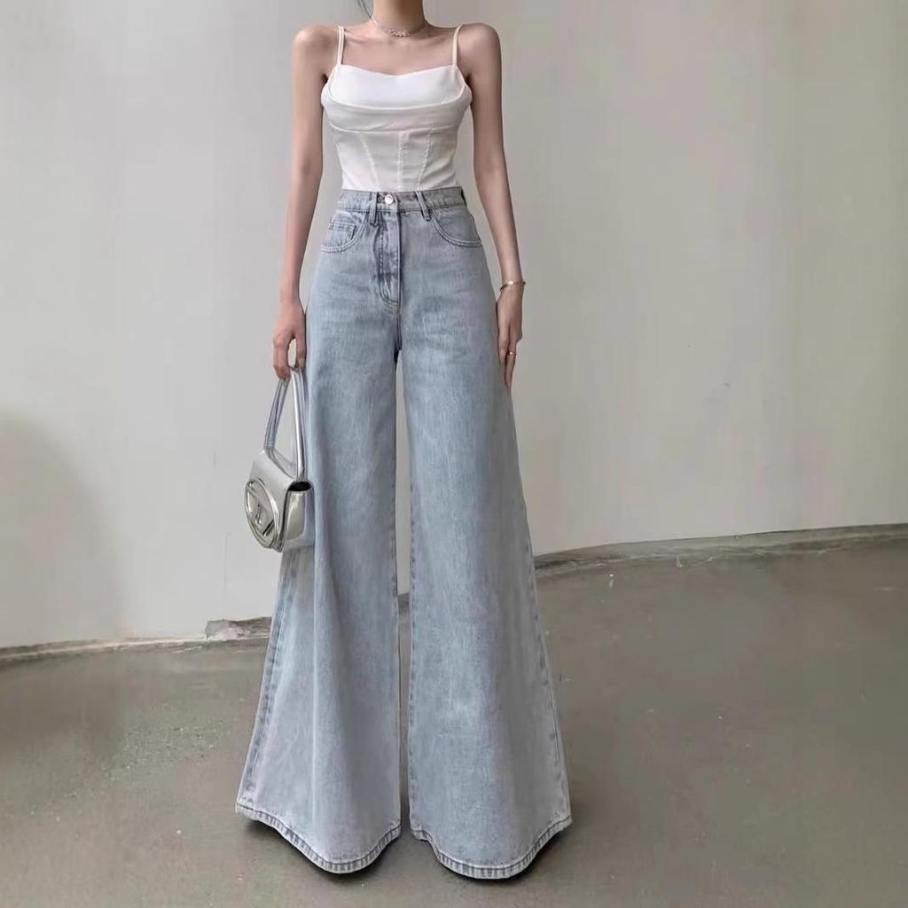Hong Kong Retro Flare High-Waist Wide-Leg Jeans for Women - Slimming Straight-Leg, Floor-Length Casual Pants