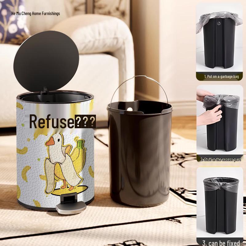 He Mu Cheng Double Layer Cartoon Stainless Steel Trash Can with Foot Pedal - Living Room & Kitchen