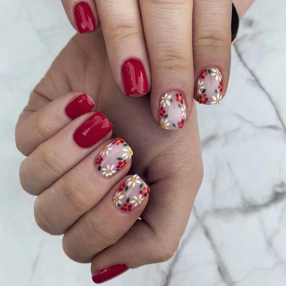 24Pcs Simple Square False Nails Short French Fake Nails Press On Colorful Flowers Design Full Cover Nail Tips Manicure Tools
