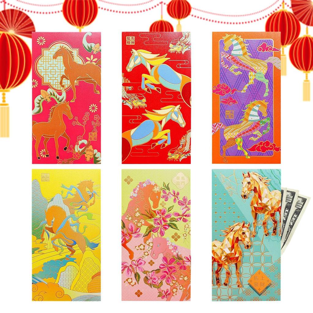 6 Stück 2026 Jahr des Pferdes Frühlingsfest Roter Umschlag Pferdemuster Tasche Scherenschnittmuster Mondneujahr Roter Umschlag