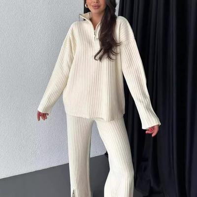 Women's Fashion Casual Spring Autumn Solid Color Print Long Sleeve POLO Neck Trousers Pants Suits