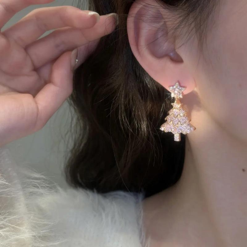 Pink Christmas Tree Five-pointed Star Earrings for Women's High-end Sense of Unique Niche Earrings for Women's New Popular Christmas Ear Ornaments