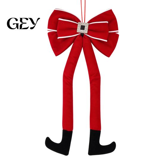 Winter Holiday Home Decoration Christmas Long Legs Bow Ornament, Plush Velvet Hanging Decor with Bendable Soft Ornaments for Xmas Tree Legs, Red White