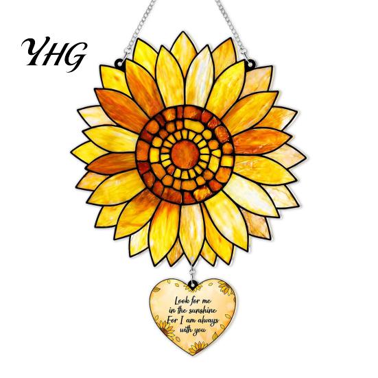 Sunflower Suncatcher for Window Stained Glass Style Pendant, Floral Wall Hanging Art with Metal Artistic Ornament Chain, Acrylic Home Garden