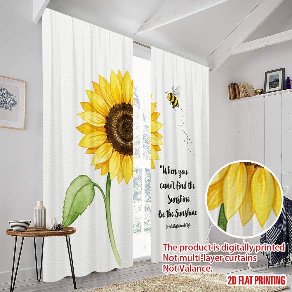 2pcs 2D Flat Printing Curtain Sunflower Bee Sunshine 0 100% Polyester Fabric Without Electricity Birthday Party for Entryway