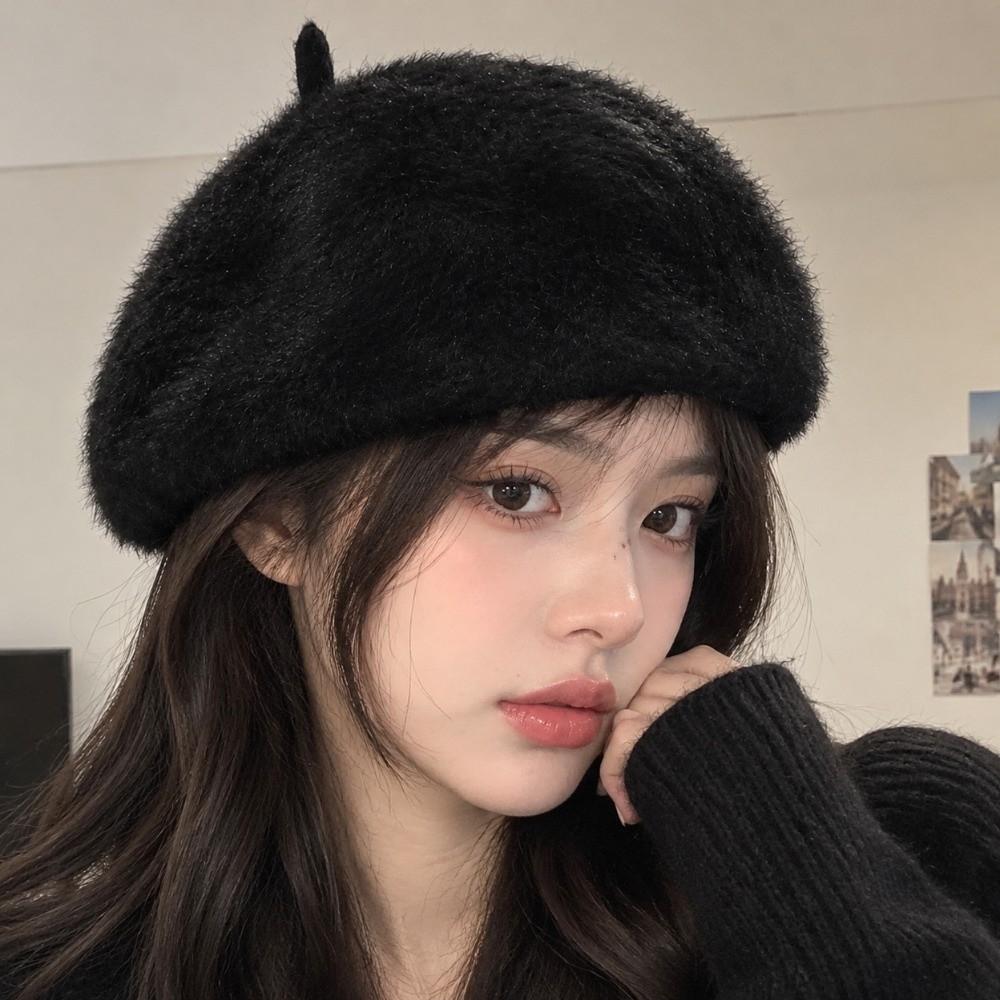 Soft Pumpkin Painter Cap Solid Color Plush Octagonal Cap Elegant Faux Mink Beret Autumn