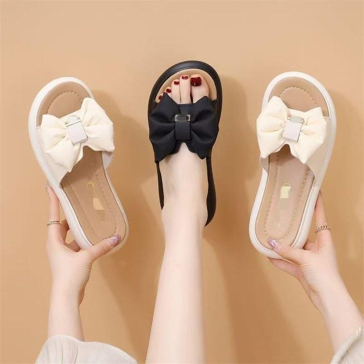 Flat-bottomed Outer Slippers, Summer Thick-bottomed New Year's New Bows, Light Fairy Style One-word Drag