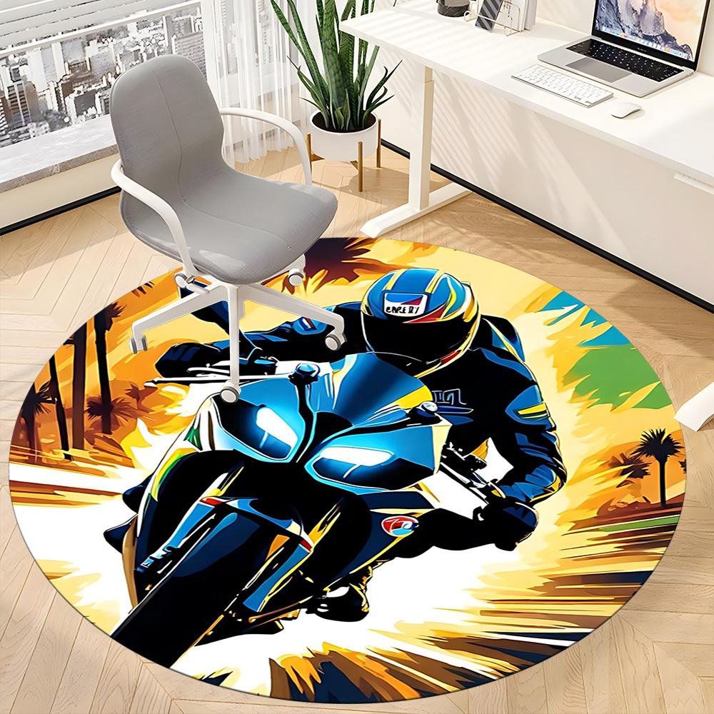 1pc Motorbike Rider Office Round Area Rug, Indoor Mat Suitable ForOffice, Under Office Chairs Bedroom Living Room Home Decor, Room Deco T080