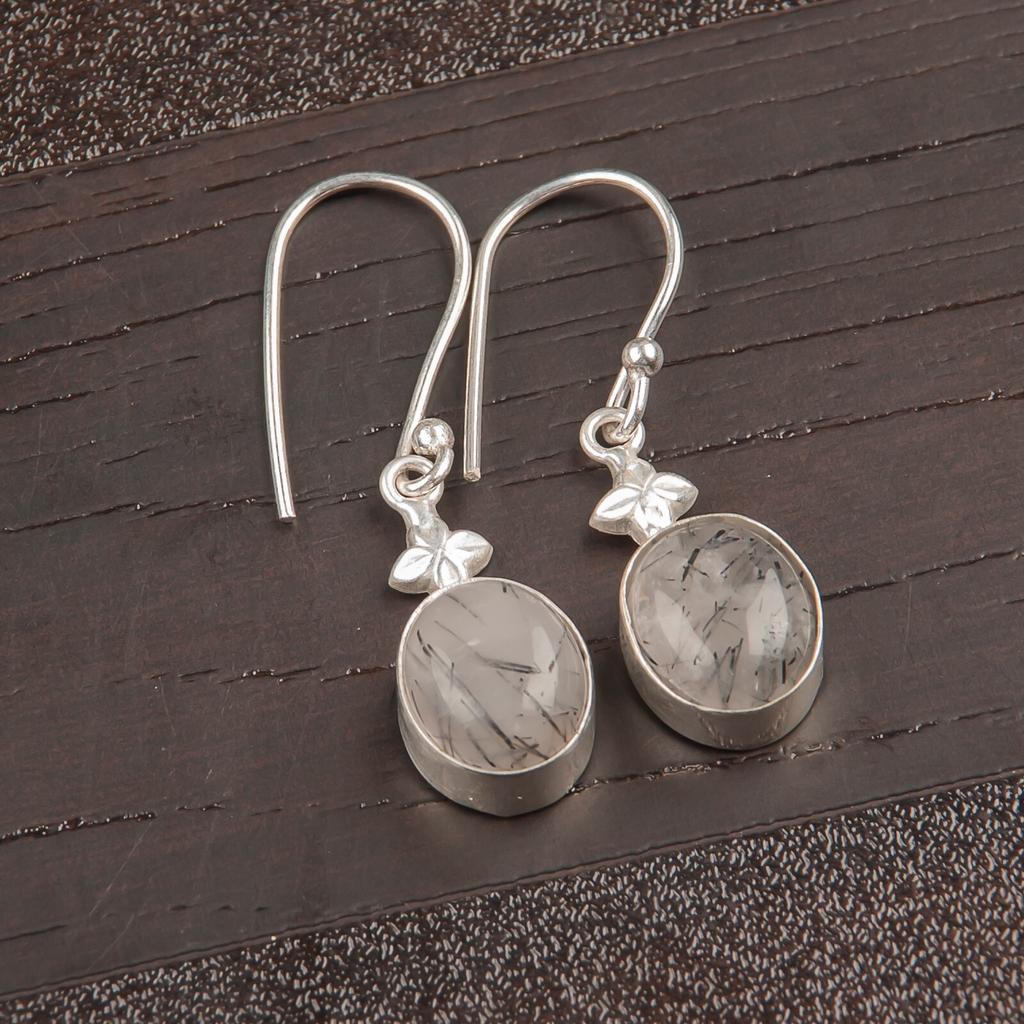 Black Rutile Gemstone 925 Sterling Silver Handmade Jewelry Hook Earrings 1.30" EE-6-26