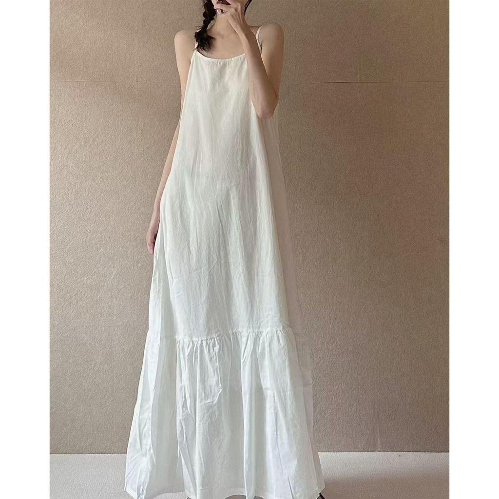 2025 Summer Linen Cotton Slip Dress - Solid Color, Loose Fit, Patchwork Design, Literary Style