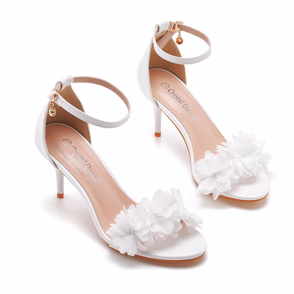 Summer Crystal Queen Women Sandals White Lace Flower Bridal Pumps Wedding Shoes Peep Toes Buckle Strap Thin Sexy High Heels