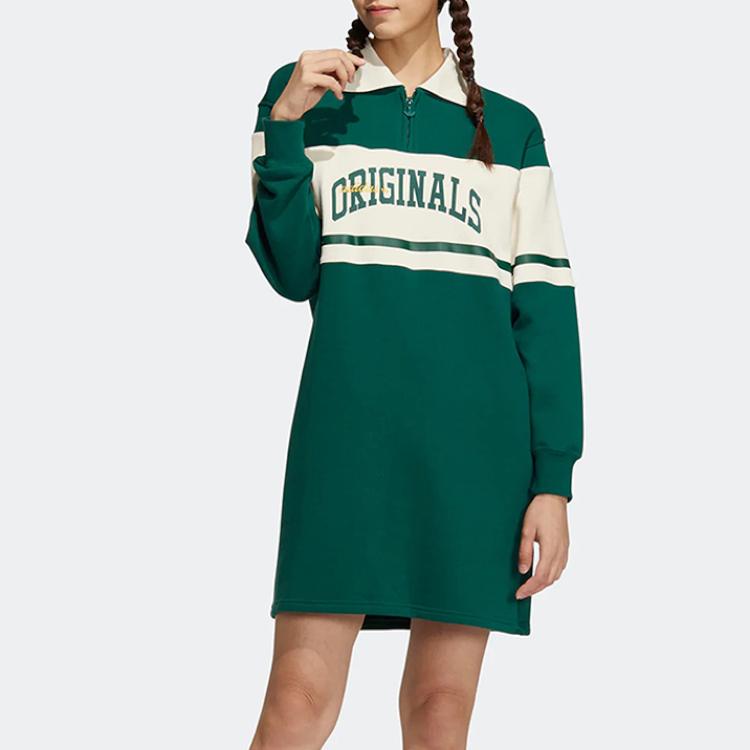 Adidas Colorblock Sports Collar Long Sleeve Dress Women Dress Green HY4179