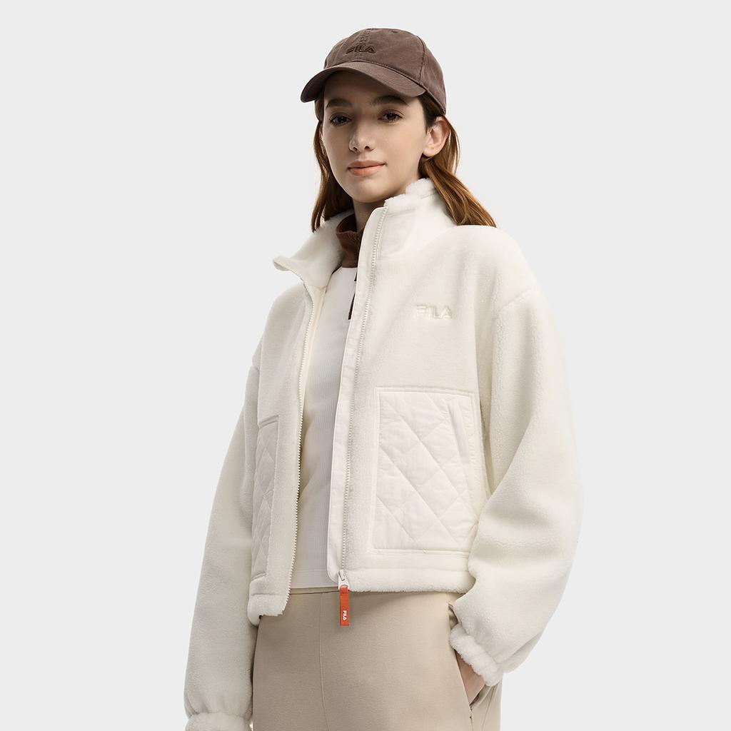 FILA Original Fashion Classic Retro Versatile Casual Warm Comfortable Lamb Fleece Jacket Women outerwear Cloud-White F11W549506FIV