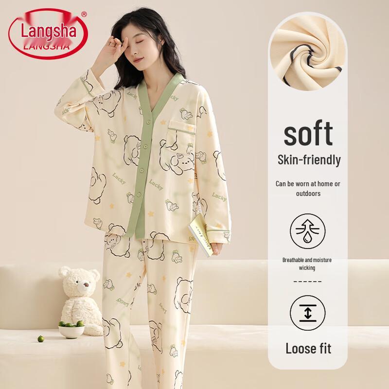 Lonsa Women s Puppy Print Long-Sleeve Cardigan Pajama Set M
