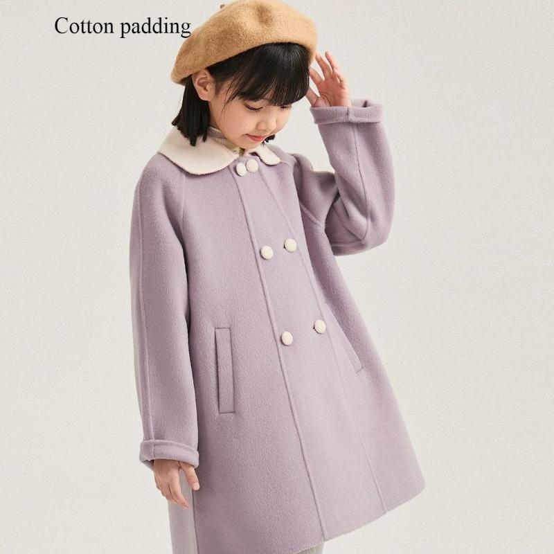 Girls' Fashionable Light Purple Woolen Coat, Sweet Cotton-padded Woolen Overcoat for Children Autumn and Winter