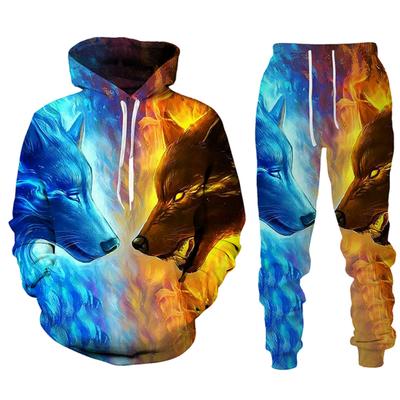 Fashion Streetwear Men Sets Tracksuits New Wolf 3d Printed Men's Hoodies + Sweatpants Two Piece Suit Hooded Casual Male Clothes
