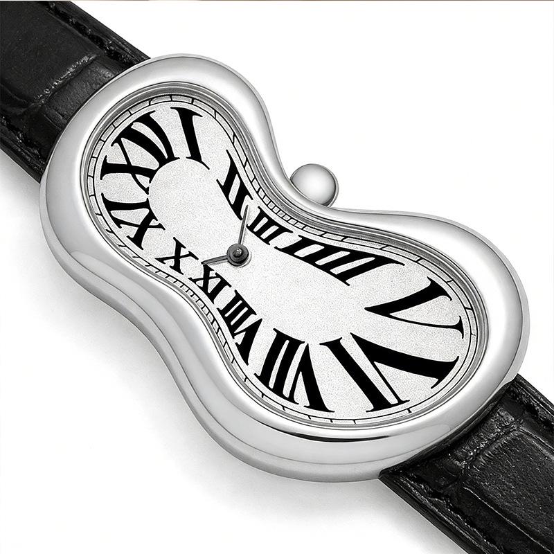Vintage Roman Numeral Men's Quartz Watch with Irregular Twist Design and Leather Strap