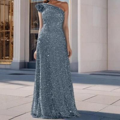 Robe de soirée longue à paillettes argentées pour femme, dos nu, sans manches, épaules obliques, robe trapèze