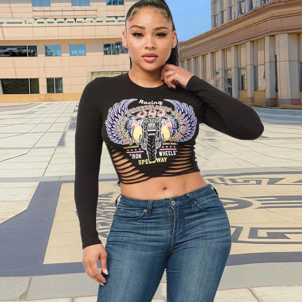 TD Spice Girl Style European and American Crew Neck Navel Cut Women's Wear Versatile Skinny Letter Long Sleeve Top T-Shirt