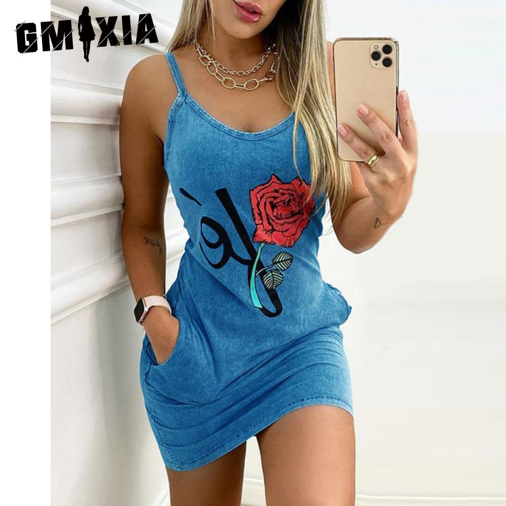 GMXIA Women Elegant Summer Floral Letter Print Denim Bodycon Mini Slim Dress Sleeveless Pocket Design