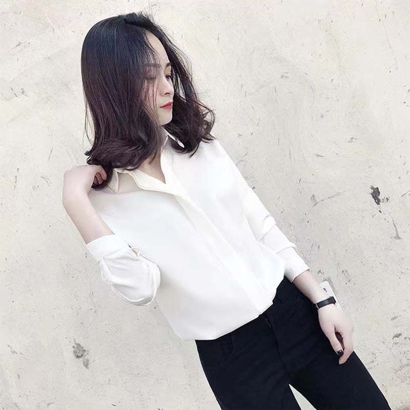 V-neck Chiffon Shirt Women's Long-sleeved Loose Pullover Shirts Korean Style Temperament Solid Color Double Layer Collar Shirt Blue White Casual Shirt