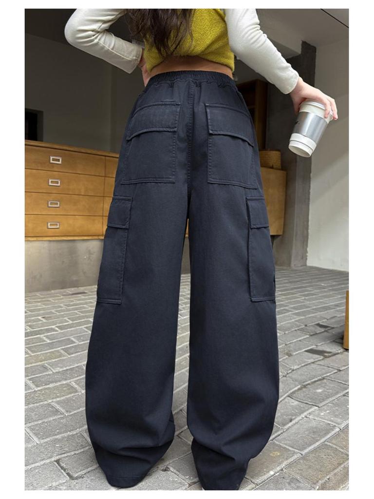 Girls' Autumn Casual Wide-Leg Cargo Pants with Korean Street Style and Trendy Embroidered Design
