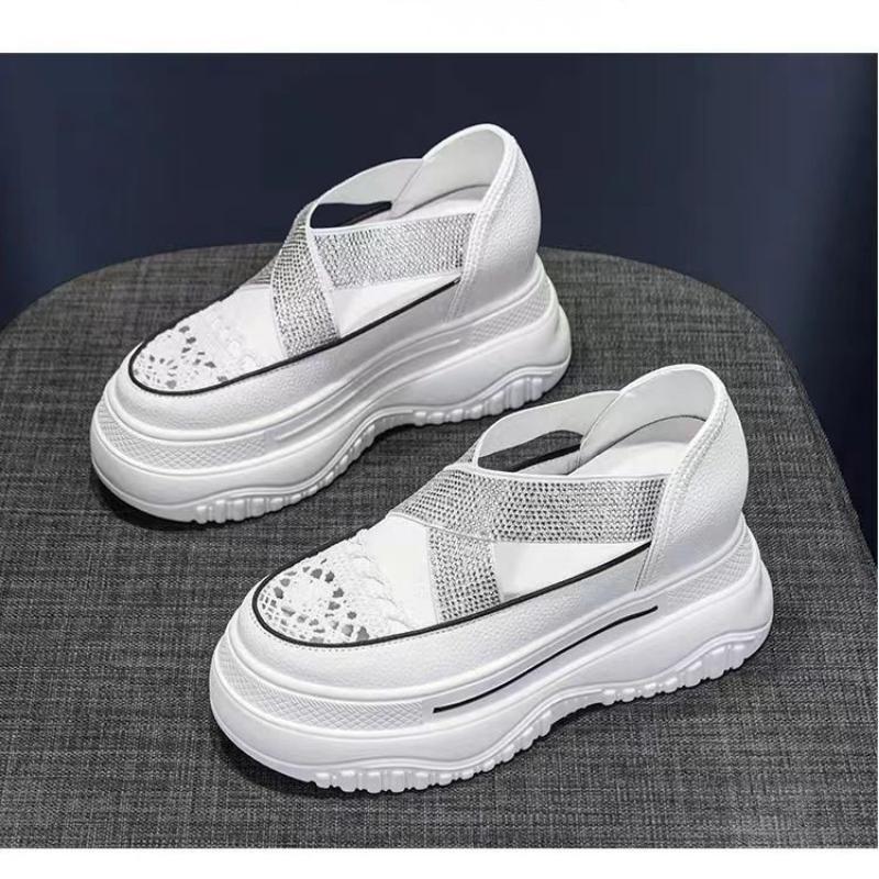 Inner Height-increasing Women's Shoes Thick-soled Casual Mary Jane Hollow Breathable Fisherman's White Shoes