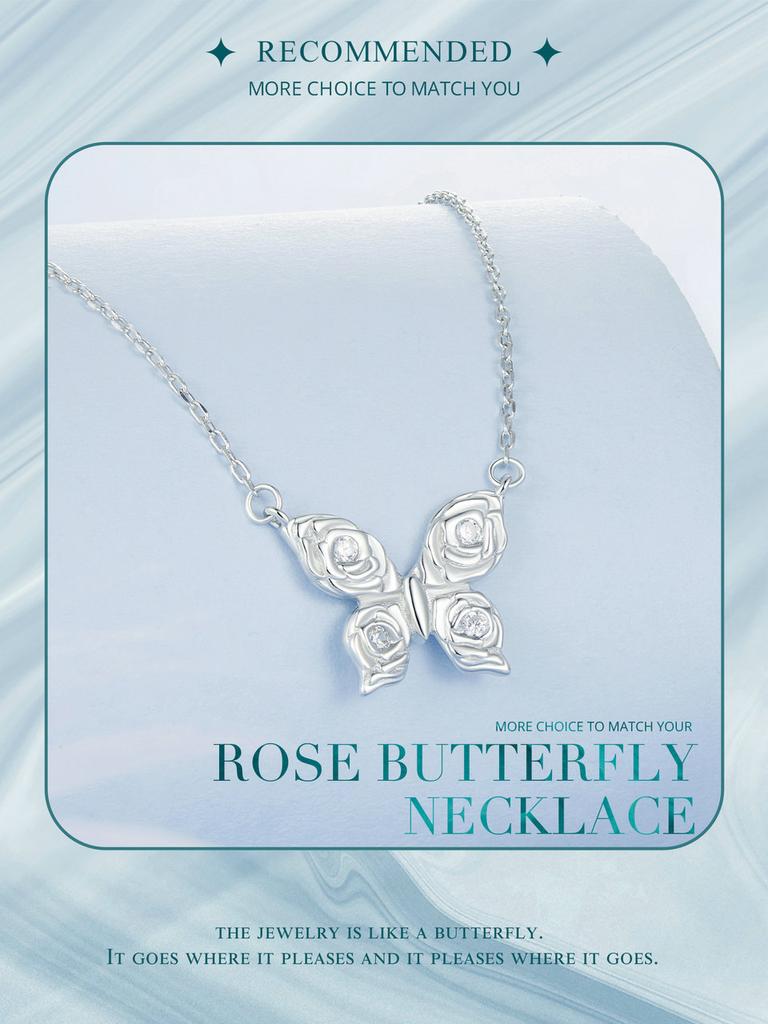 BAMOER 925 Sterling Silver Rose Butterfly Necklace Romantic Love Necklace Plated White Gold for Women Fine Jewelry