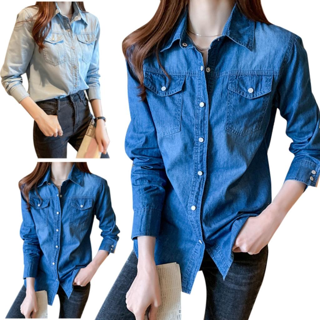 Summer Denim Blouse Cotton Lapel Rolled Sleeve Metal Button Shirt Women Casual Single Breasted Jeans Top Blusas Para Mujer