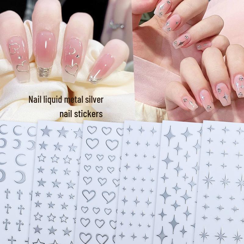 

3D Self-Adhesive Silver Metal Nail Stickers: Heart, Starburst, Moon & Cross Cutouts