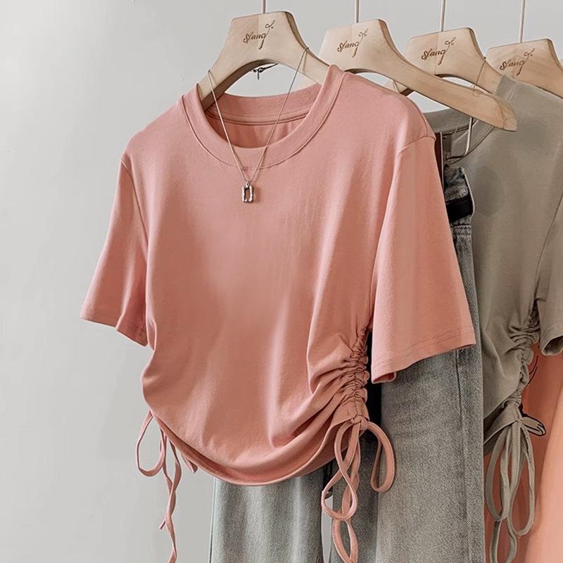 

Women s Summer Cotton Slim-Fit Short-Sleeve T-Shirt with Drawstring Waist