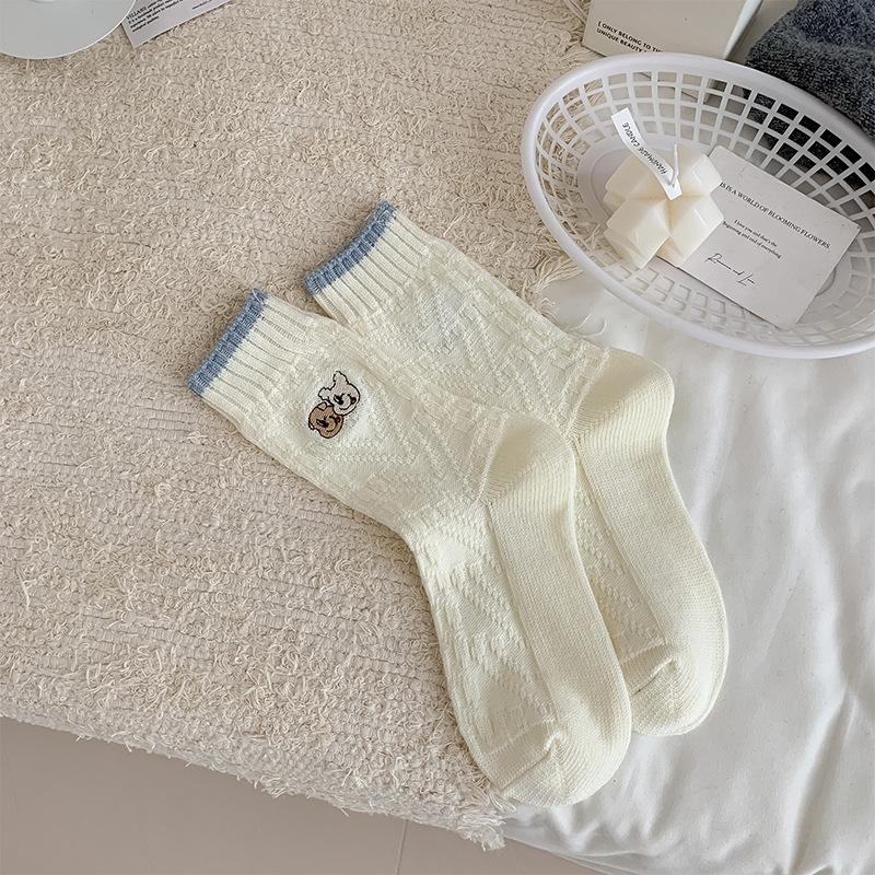 Sock Children's Cute Cartoon Embroidered Puppy Mid-length Socks with Contrasting Color Snap-on Double-needle Pile-up Design for Autumn and Winter