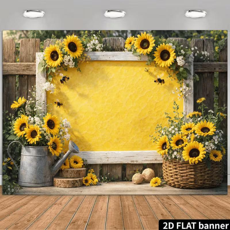 

2D Summer Sunflower Backdrop, Rustic Wood Fence & Bee Photo Booth Banner 47.2x31.5inch/120*80cm