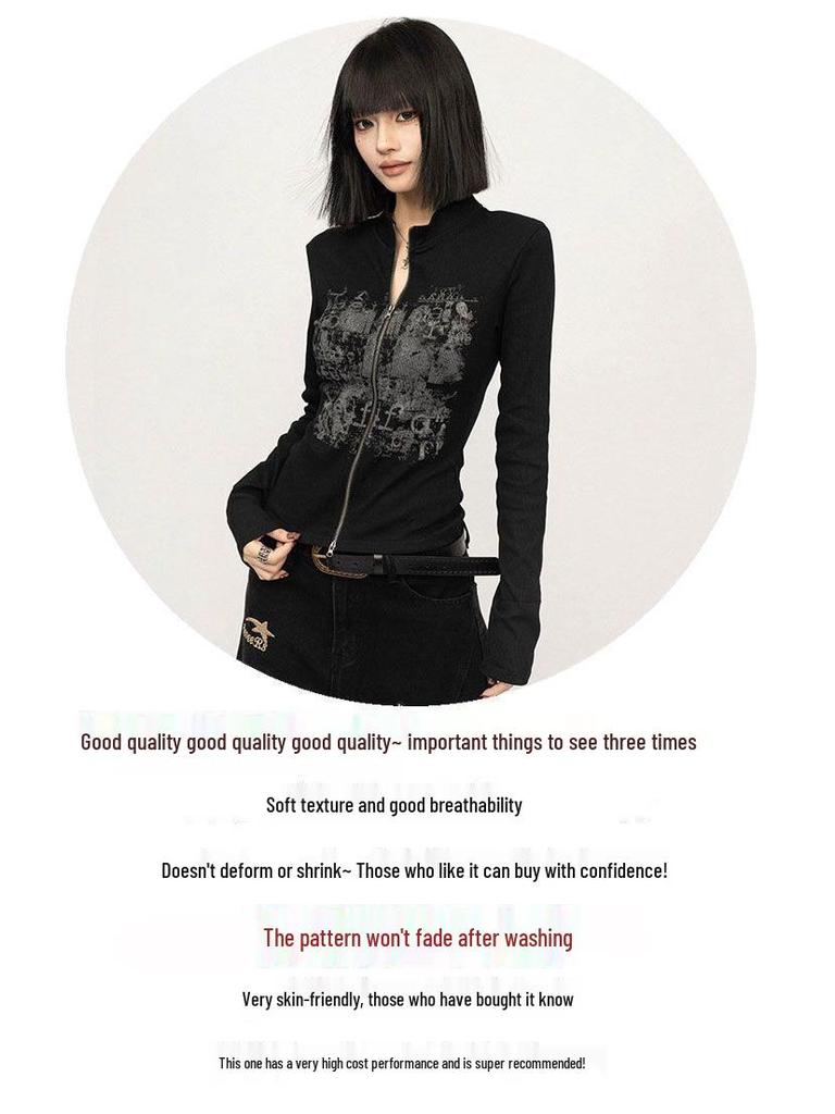 Autumn/Winter Pure Desire Long Sleeve Crop Top - Slimming and Versatile Zipper Design for Women