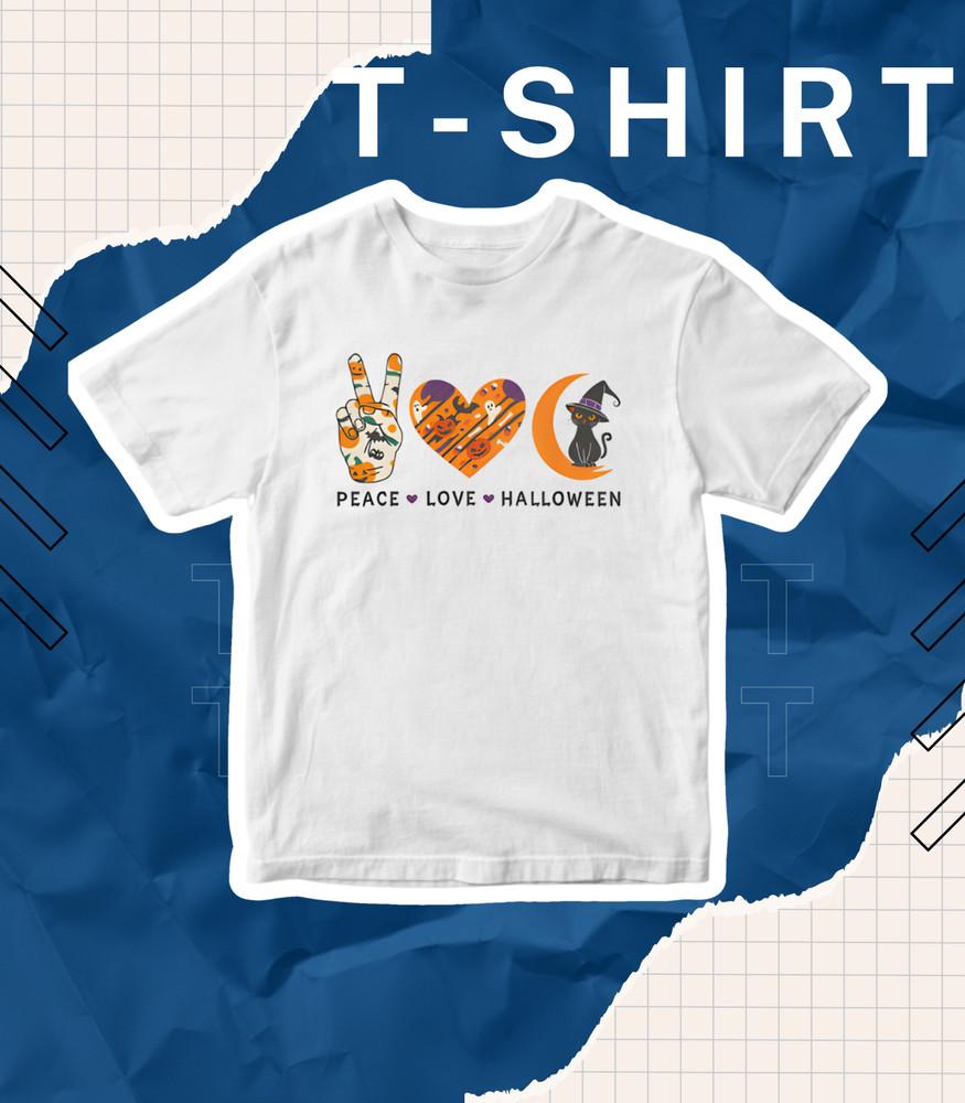 

Peace Love Halloween Cute Spooky Fall Short Leeve Round Neck T-shirt Hallo. XL