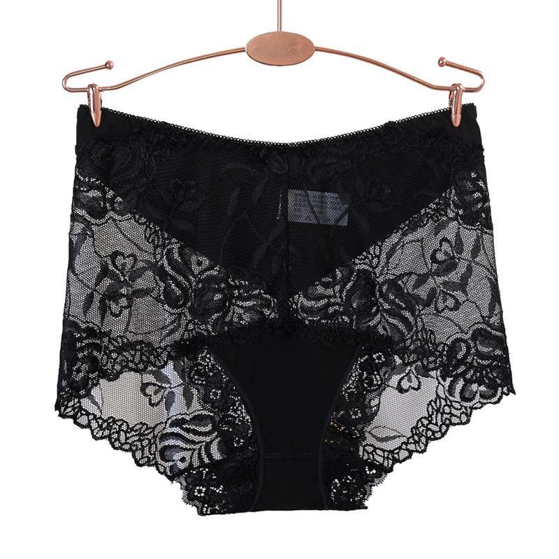 8 Color Plus Size Women Panties Sexy Lace Transparent Underwear Panty Seamless Mid-Waist Hip Raise Briefs Cotton Health Lingerie