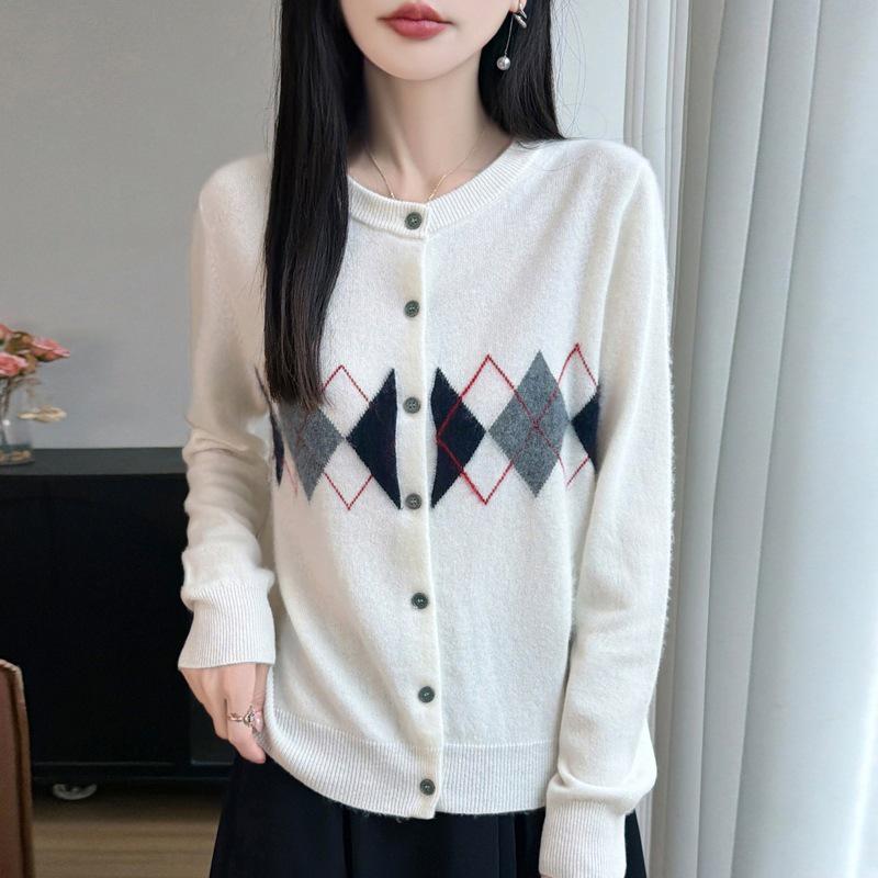 Autumn/Winter 100% Wool Diamond Jacquard College Style Cardigan for Women