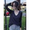 Dongdaemun Solid Color and V-neck Long Sleeves T-Shirt Women's Slub Cotton Easiest for Match Bottoming Shirt Spring Leisure Inner Wear Blouse Tide