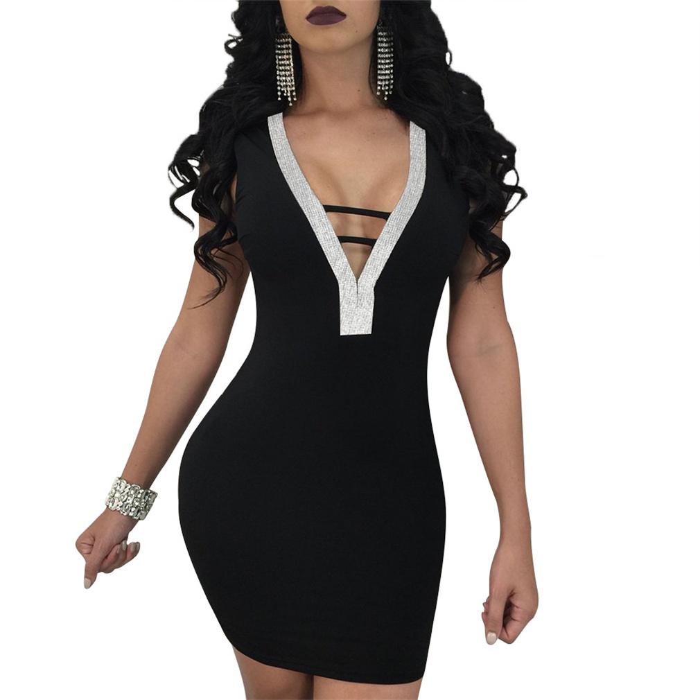 Deep Sexy Women V Rhinestone Backless Mini Dress Bodycon Sleeveless Dress Party
