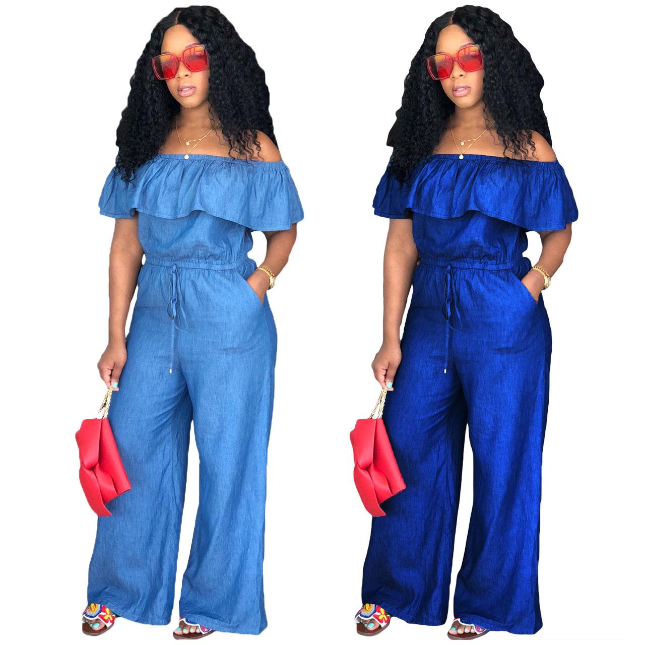 

Off-the-Shoulder Loose Denim Jumpsuit - European & American Style Extra Large